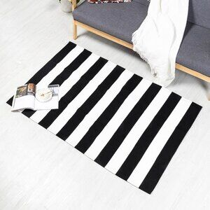 Black White Striped Rug Outdoor DoorMat Rug, Front Porch Rug, Cotton Woven 3x5ft